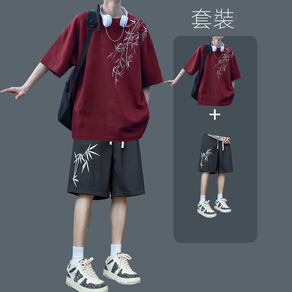 【套裝】休閒百搭潮流運動風短袖T恤+短褲兩件套裝-vivivale