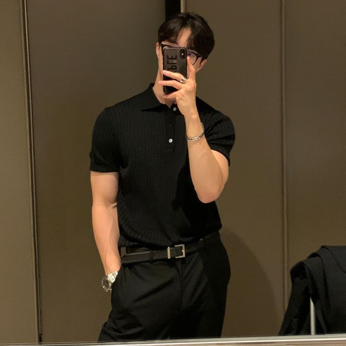 冰絲Polo領修身韓版坑條休閒百搭短袖T恤