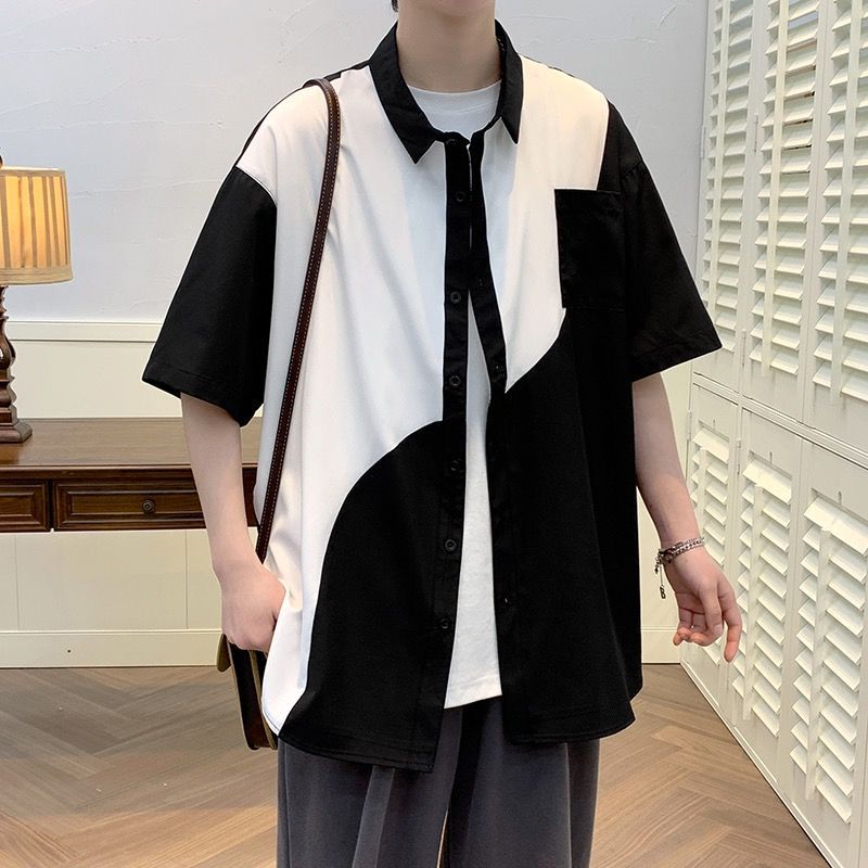 【單件/套裝】港風帥氣寬松短袖襯衫+百搭T恤+休閑九分褲三件套