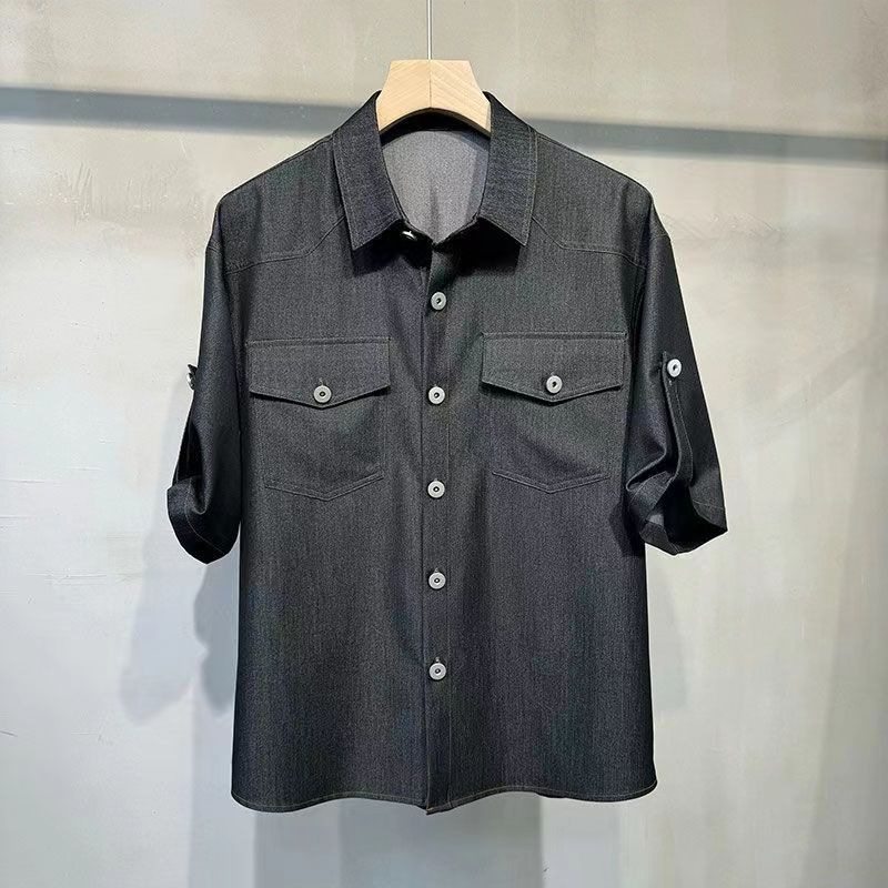 【單件/套裝】薄款五分袖時尚潮流冰絲牛仔襯衫+寬松休閑褲兩件套