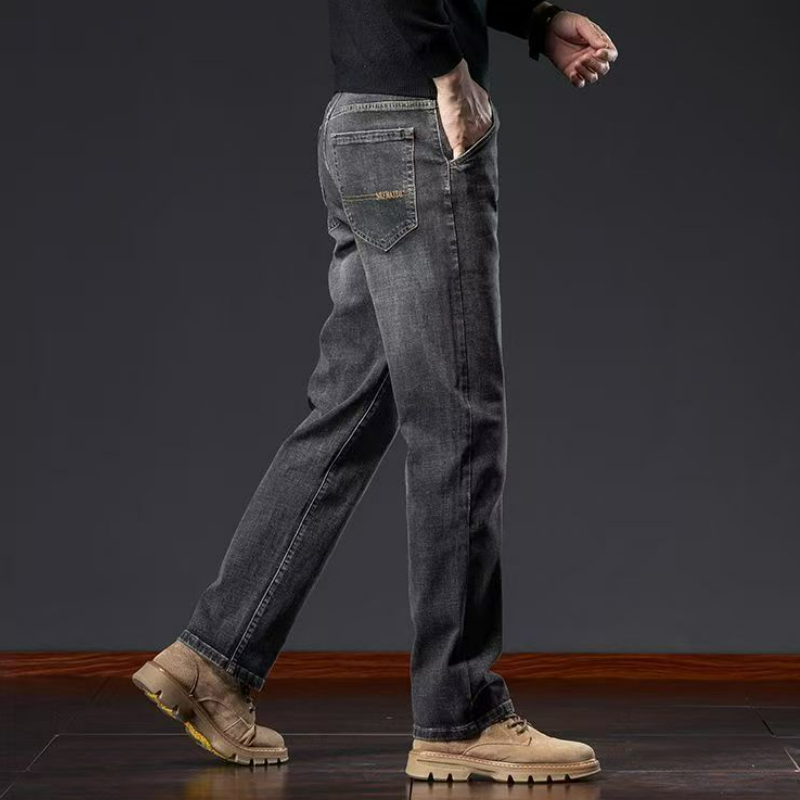 寬鬆直筒高彈休閒大碼長款水洗牛仔褲-vivivale