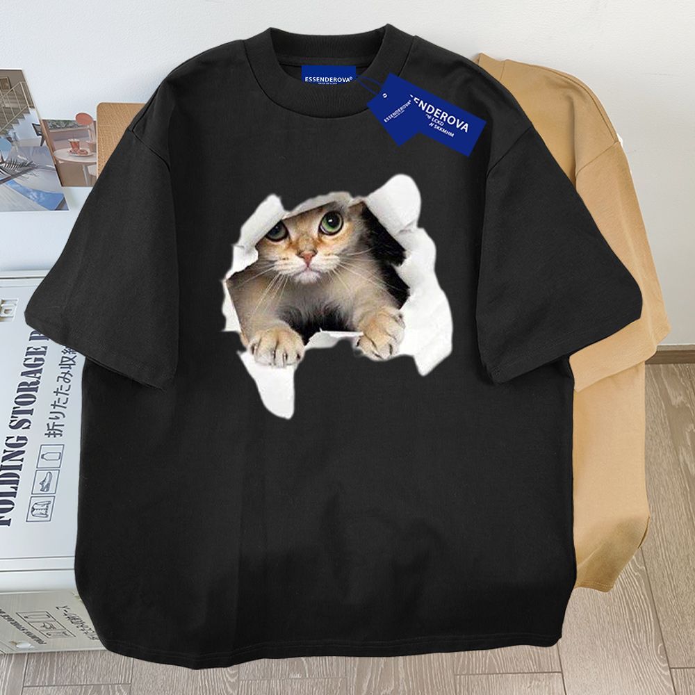 9色百搭純棉小貓印花寬鬆休閒小眾短袖-vivivale