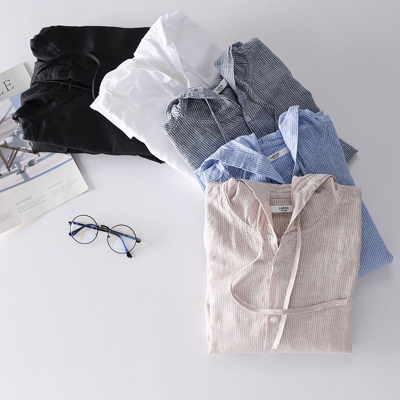 潮流寬鬆純色時尚長袖連帽棉麻襯衫