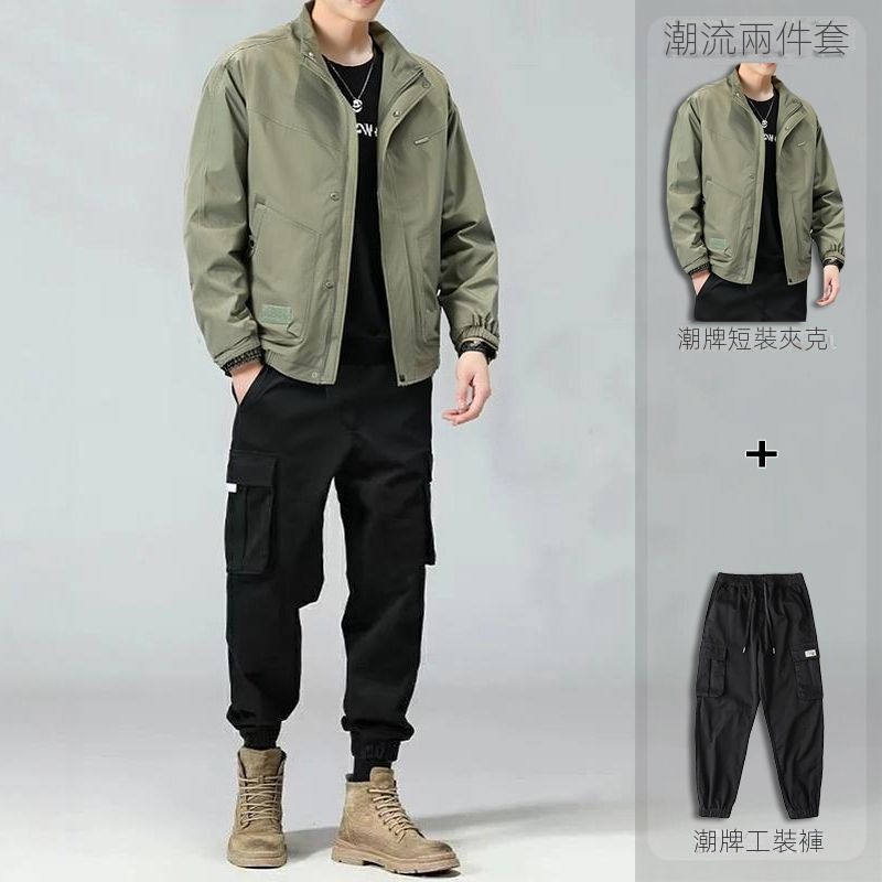 【單件/套裝】帥氣百搭防風夾克+白色長袖T恤+黑色工裝褲三件套-vivivale