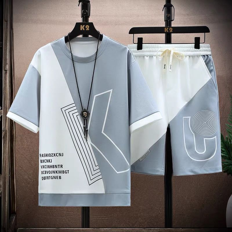 【套裝】休閒運動撞色冰絲短袖+鬆緊腰抽繩短褲兩件套裝-vivivale