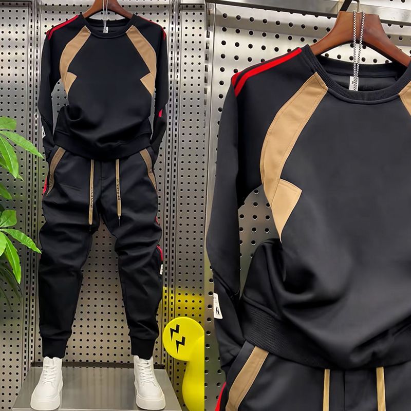 【單件/套裝】時尚寬鬆潮流百搭拼色长袖T恤+運動休閒褲兩件套-vivivale