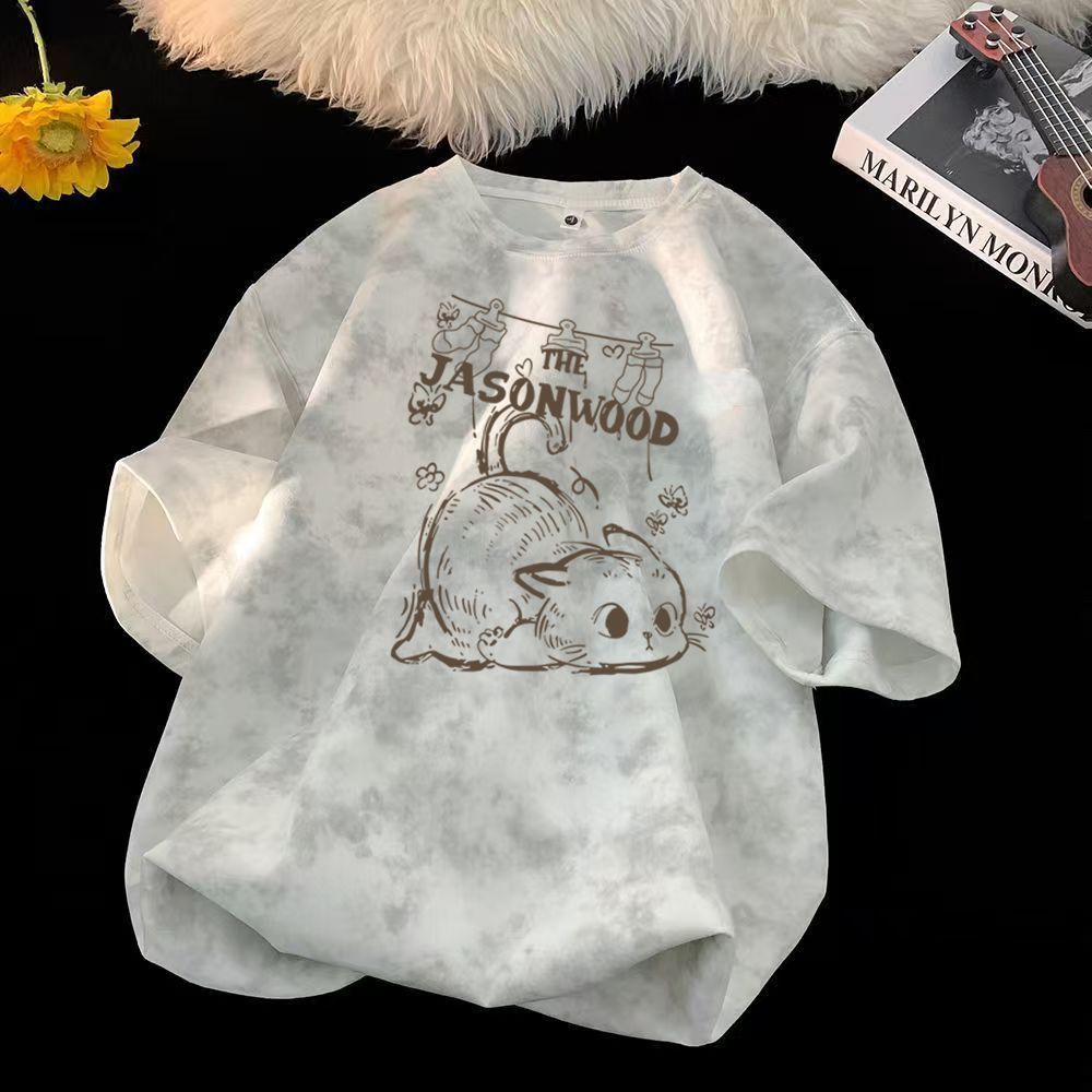 時尚休閑紮染卡通小貓印花短袖T恤