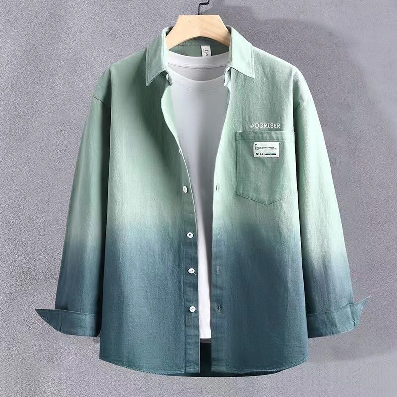 漸變色翻領休閒潮流長袖襯衫-vivivale