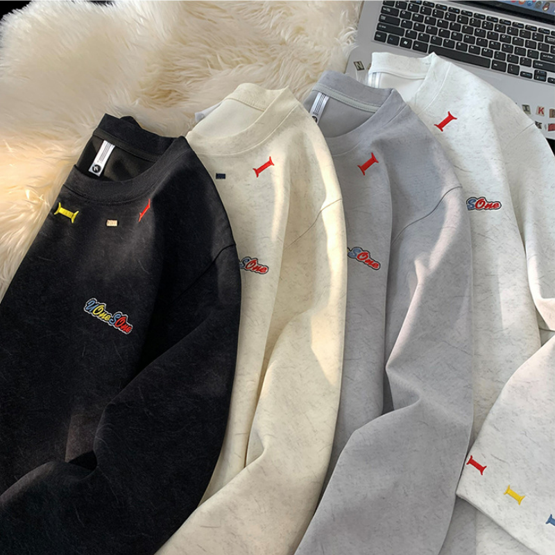 美式重磅寬鬆潮流砂洗彩虹刺繡長袖T恤