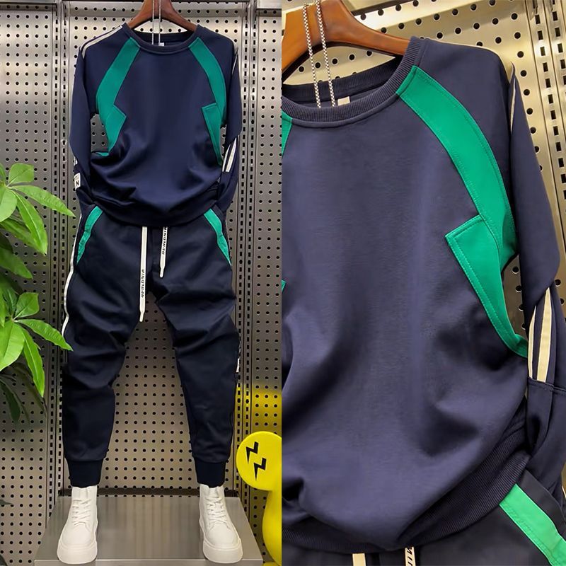 【單件/套裝】時尚寬鬆潮流百搭拼色长袖T恤+運動休閒褲兩件套-vivivale