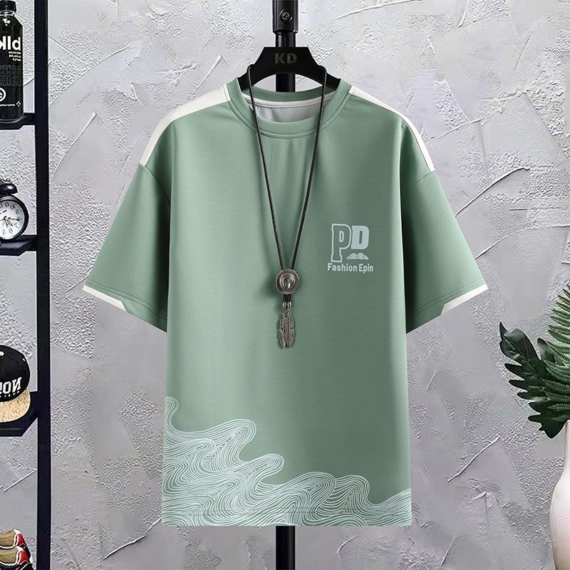 【整套】休閒圓領帥氣短袖T恤+鬆緊腰抽繩短褲兩件套裝-vivivale