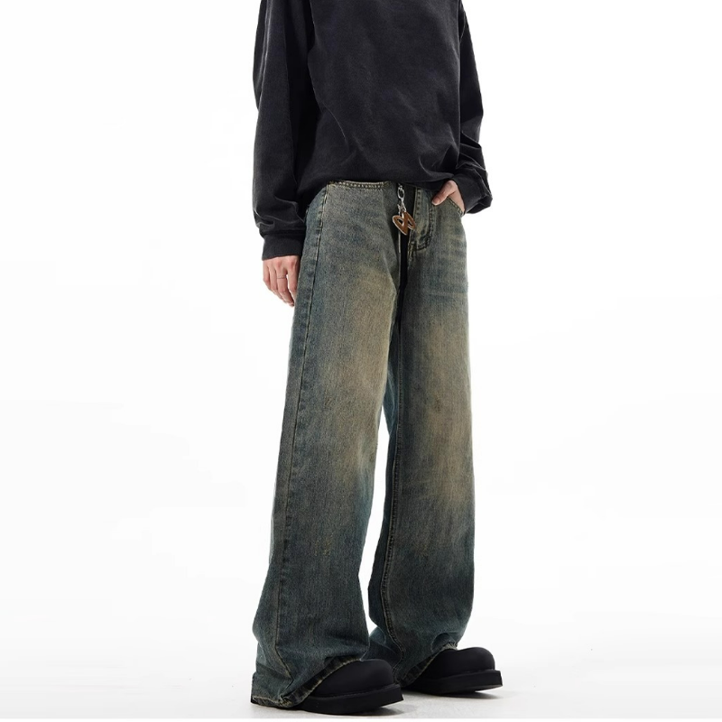 美式復古cleanfit高級感寬鬆闊腿休閒做舊牛仔褲-vivivale