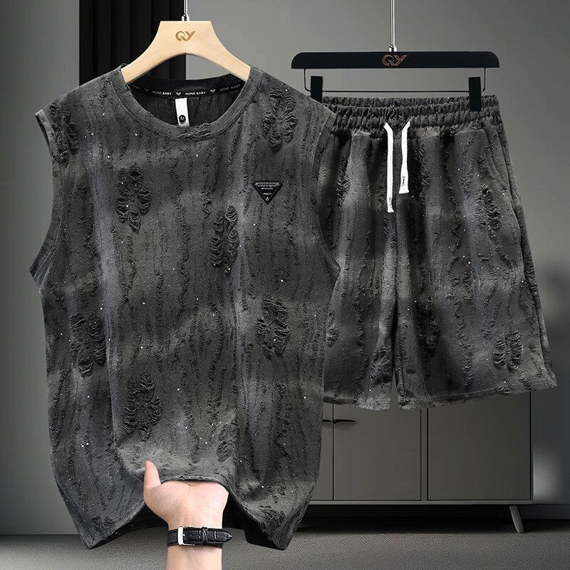 【整套】紮染輕奢破洞薄款提花無袖t恤+休閑短褲兩件套