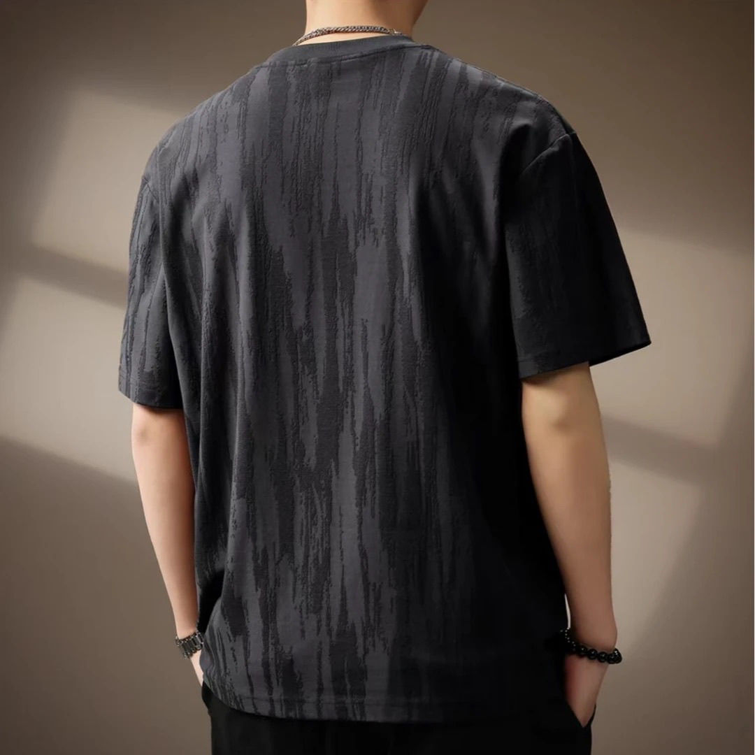 重磅百搭提花圓領復古寬鬆短袖T恤-vivivale