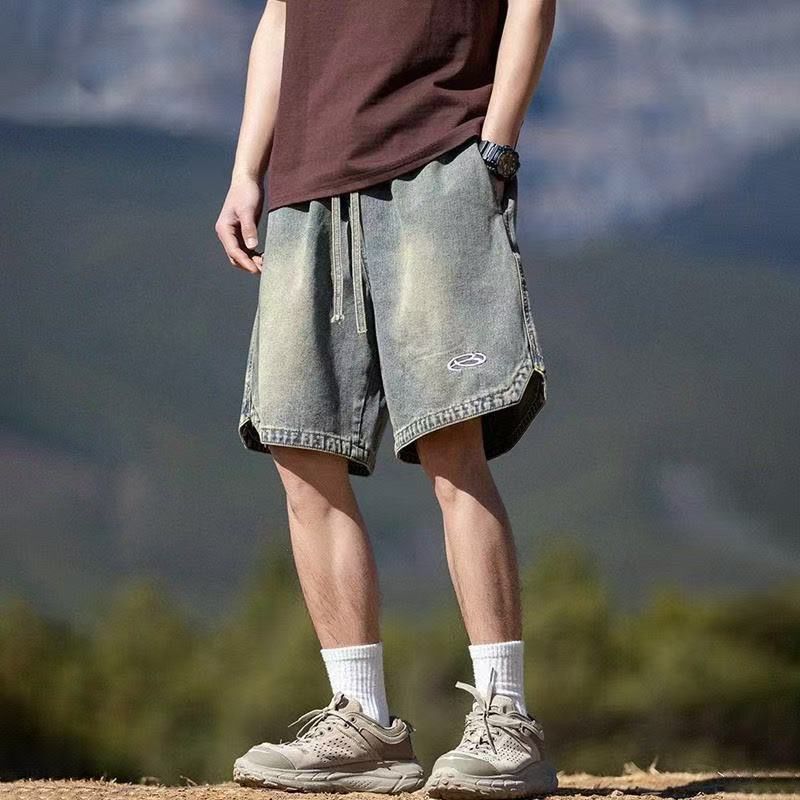 美式復古水洗牛仔短褲夏季潮牌刺繡休閒寬鬆抽繩五分五分褲