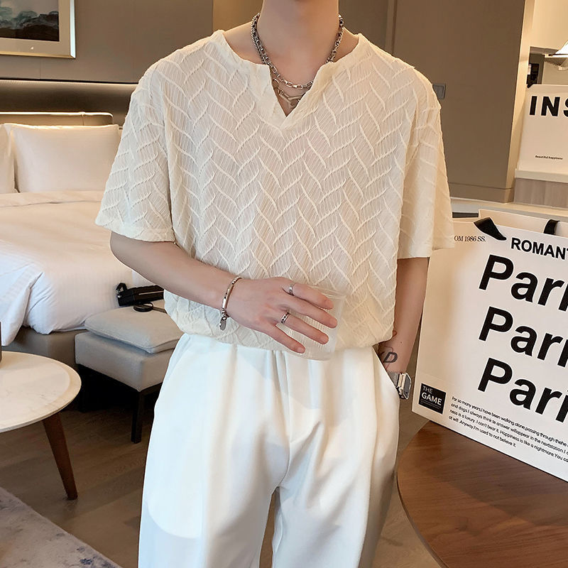 法式高街ins寬鬆慵懶風魚鱗紋V領短袖t恤衫-vivivale