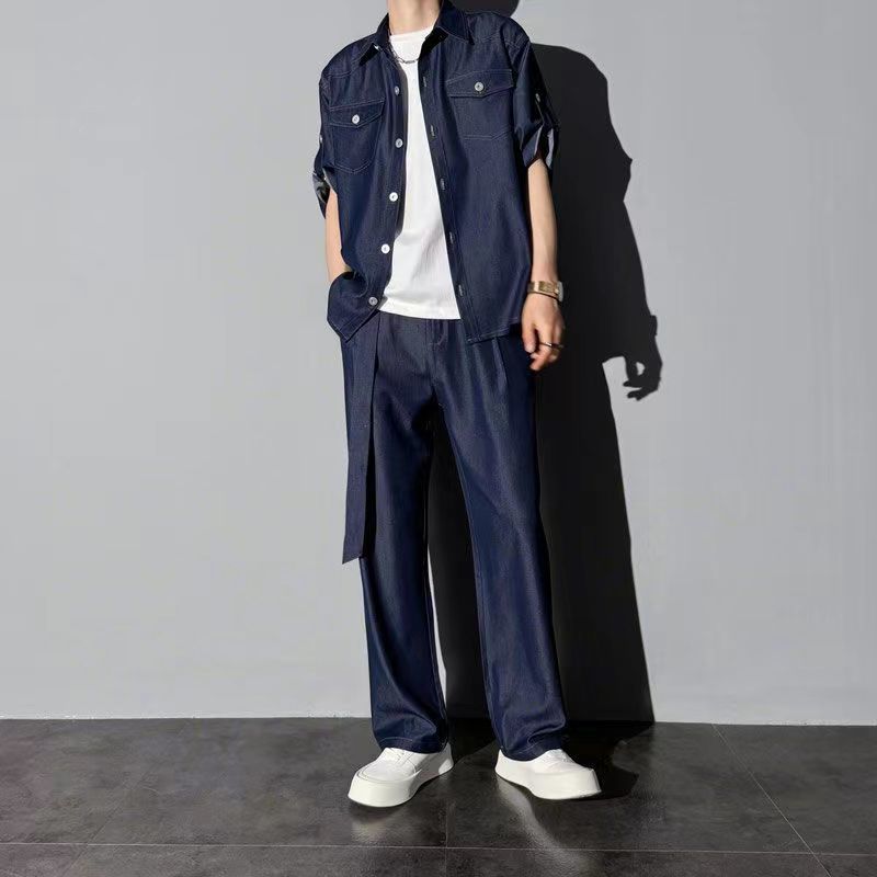 【單件/套裝】薄款五分袖時尚潮流冰絲牛仔襯衫+寬松休閑褲兩件套