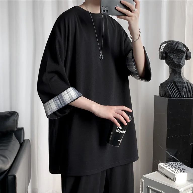 港風潮流格子拼接寬鬆圓領短袖