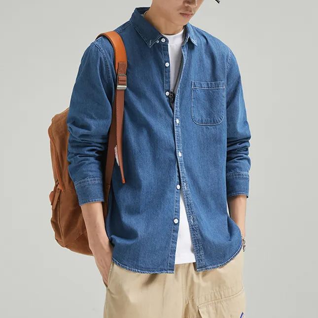翻領牛仔長袖美式工裝復古襯衫-vivivale