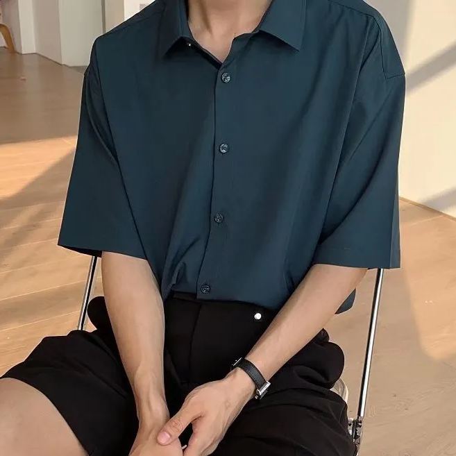 冰絲五分薄款ins寬鬆垂感休閒襯衫短袖-vivivale