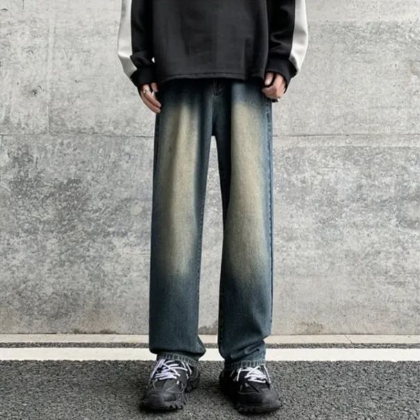 美式休閒復古藍高街高腰直筒水洗牛仔褲-vivivale