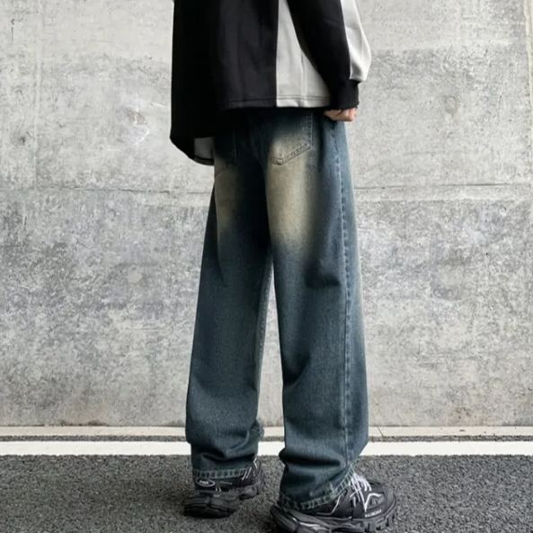 美式休閒復古藍高街高腰直筒水洗牛仔褲-vivivale