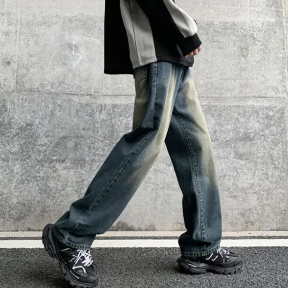 美式休閒復古藍高街高腰直筒水洗牛仔褲-vivivale