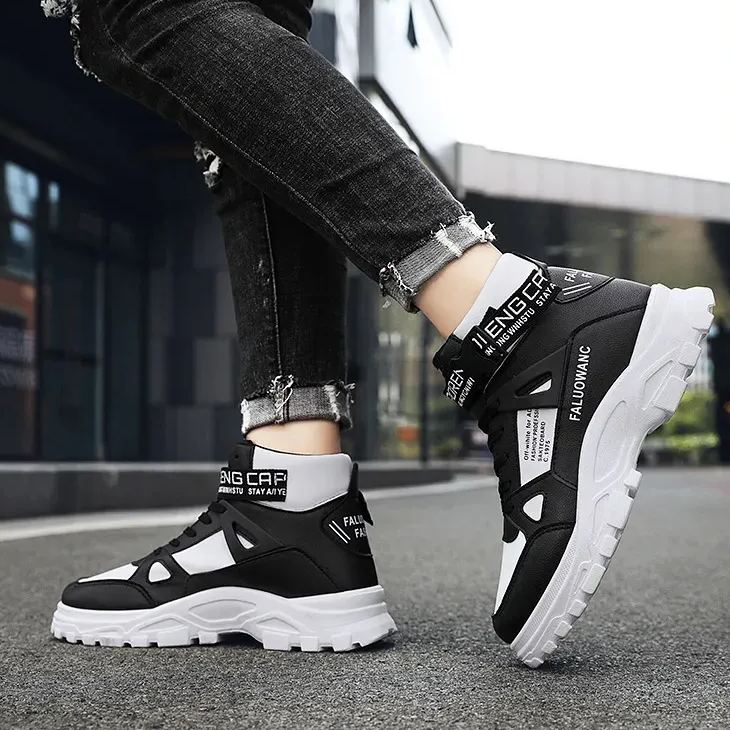 潮流百搭圓頭高幫馬丁靴印花拼接鞋靴-vivivale