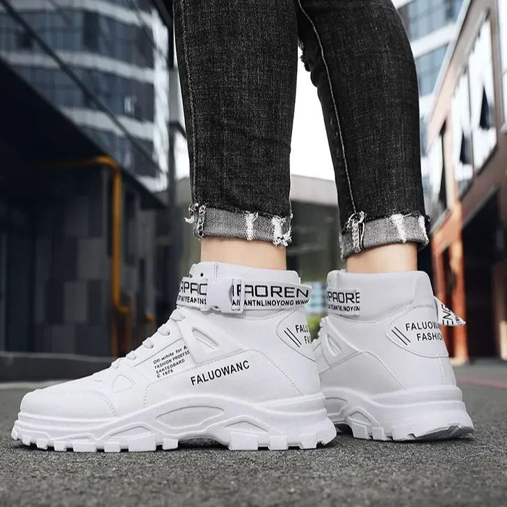 潮流百搭圓頭高幫馬丁靴印花拼接鞋靴-vivivale