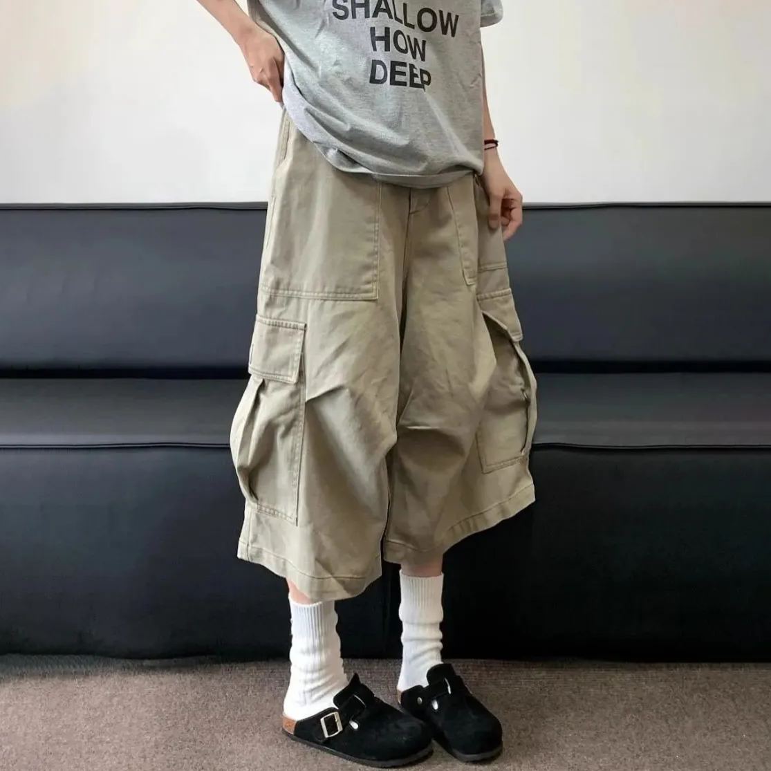 美式復古大口袋男女同款寬鬆闊腿工裝七分褲