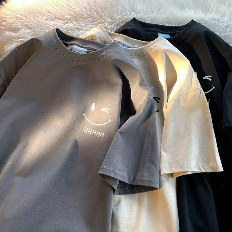 百搭純棉笑臉印花寬鬆圓領簡約短袖-vivivale