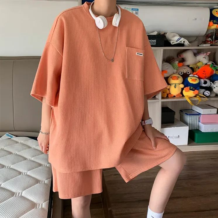 【整套】潮流帥氣華夫格運動風短袖+短褲兩件套裝-vivivale