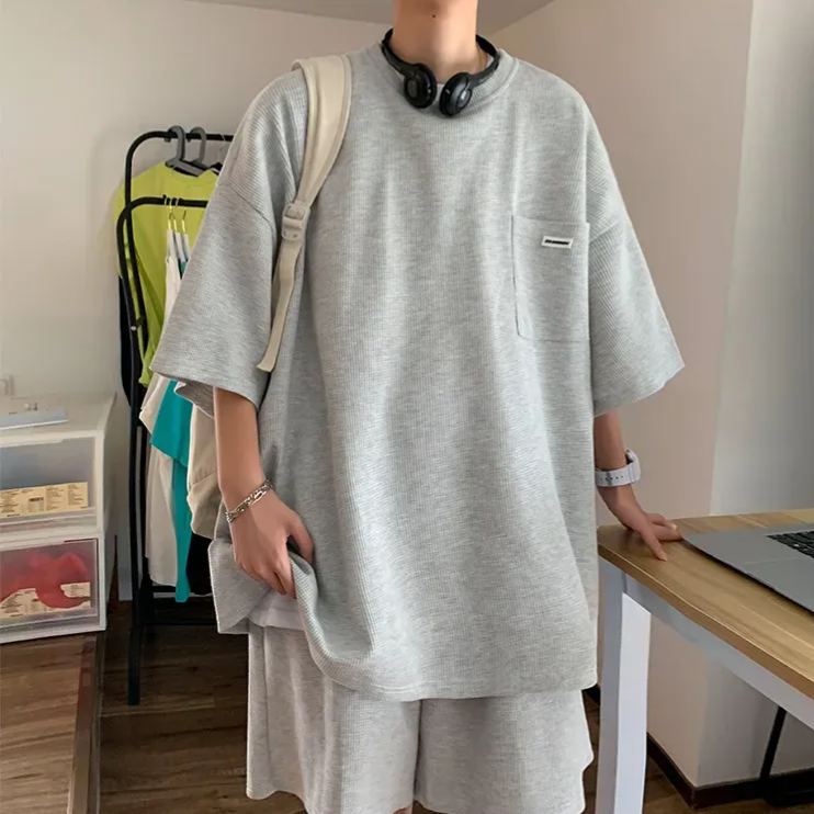 【整套】潮流帥氣華夫格運動風短袖+短褲兩件套裝-vivivale