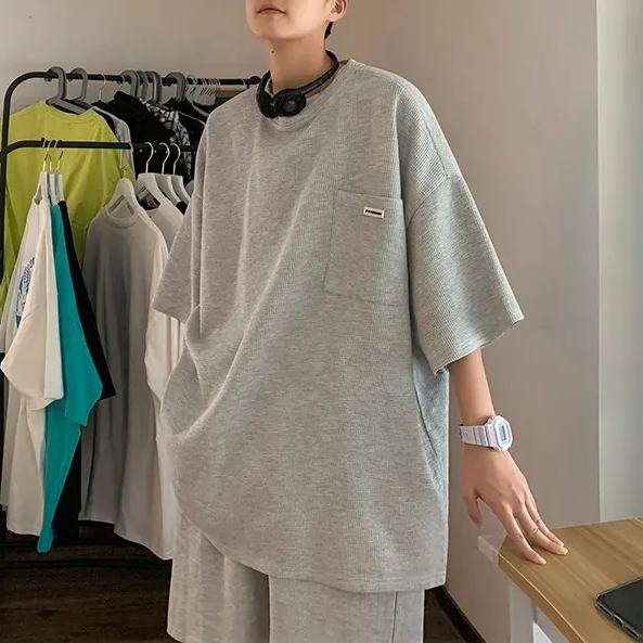 【整套】潮流帥氣華夫格運動風短袖+短褲兩件套裝-vivivale