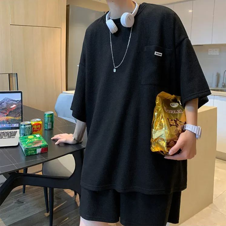 【整套】潮流帥氣華夫格運動風短袖+短褲兩件套裝-vivivale