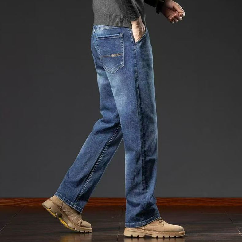 寬鬆直筒高彈休閒大碼長款水洗牛仔褲-vivivale