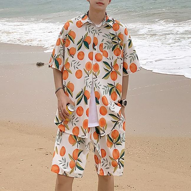 【套裝】冰絲薄款寬鬆短袖花襯衫+休閒速乾沙灘短褲兩件套裝-vivivale