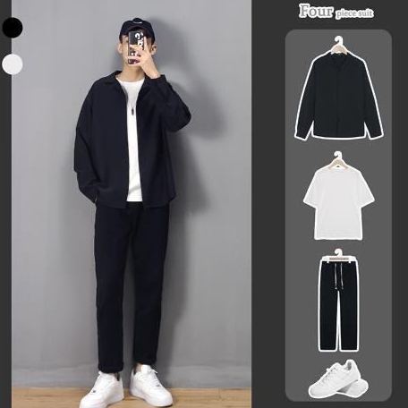 【單件/套裝】潮流長袖襯衫+白色T恤+黑色休閒直筒冰絲褲三件套裝-vivivale