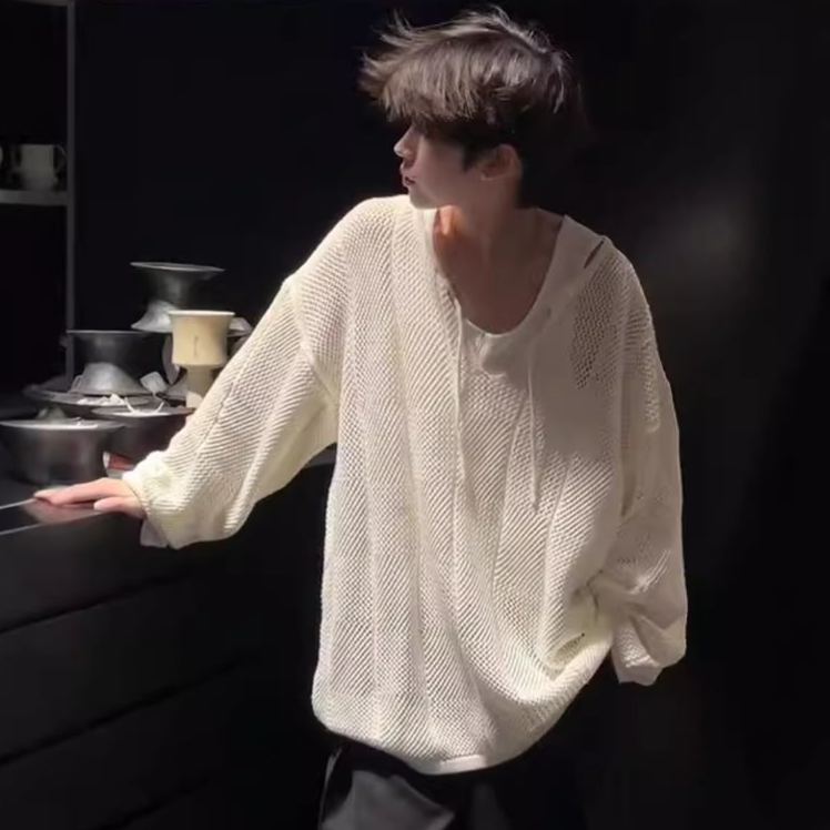 小眾設計感針織寬鬆慵懶風高級感鏤空長袖t恤-vivivale