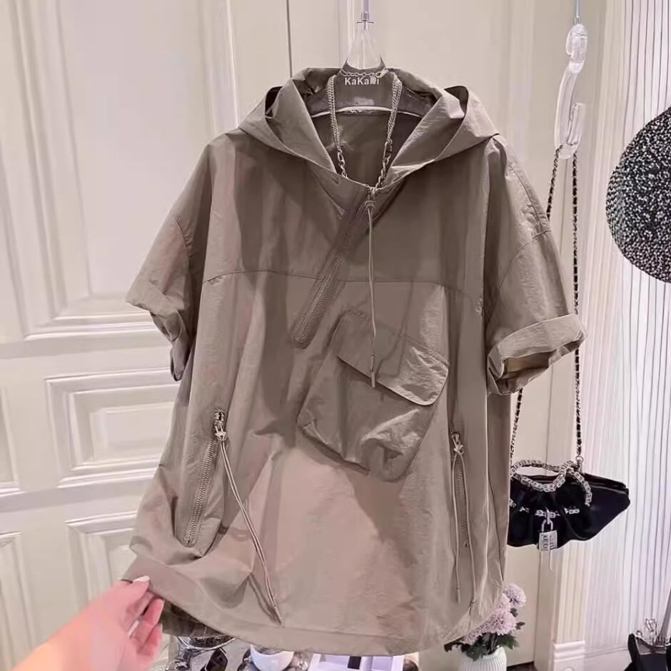 防曬衫港風休閒不規則百搭連帽短袖T恤-vivivale