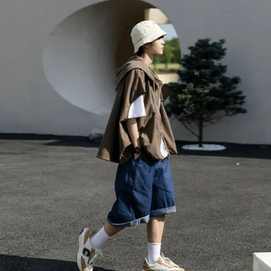 復古文藝休閒外搭寬鬆慵懶風連帽背心馬甲-vivivale