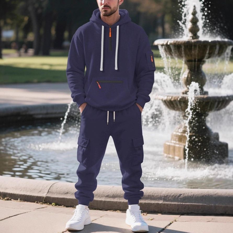 【整套】美式重磅加絨寬鬆休閒連帽T+潮流工裝運動褲兩件套裝-vivivale