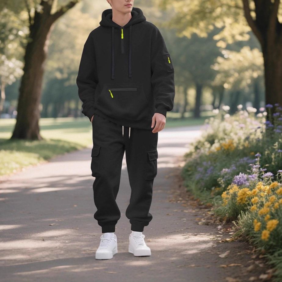 【整套】美式重磅加絨寬鬆休閒連帽T+潮流工裝運動褲兩件套裝-vivivale