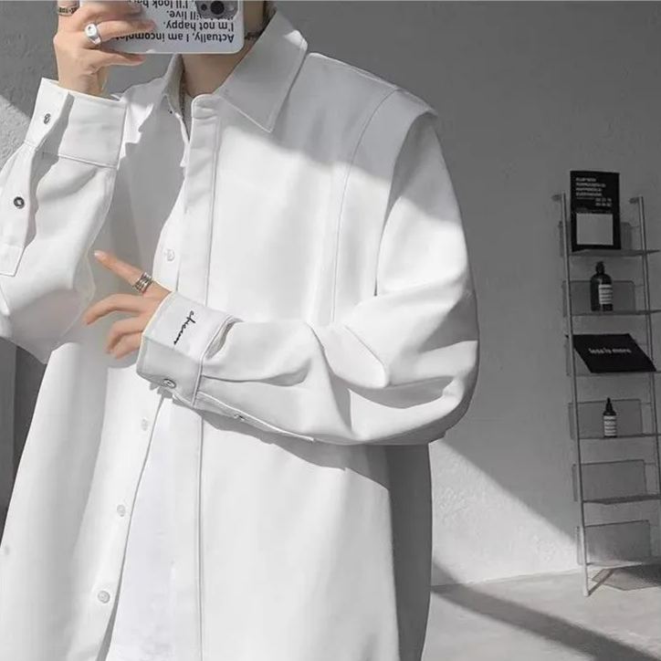 高級感痞帥廓形百搭美式潮牌假兩件長袖襯衣