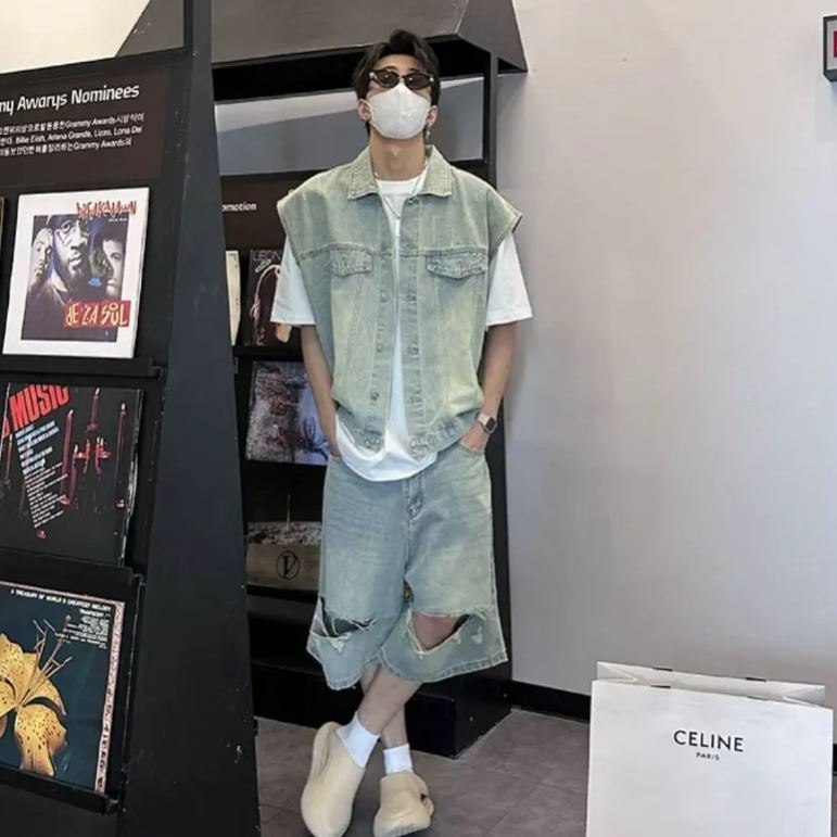 【單件】美式街頭復古水洗馬甲+破洞五分牛仔褲套裝