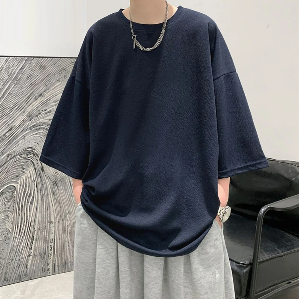 百搭休閒潮流寬鬆簡約七分袖短袖T恤-vivivale