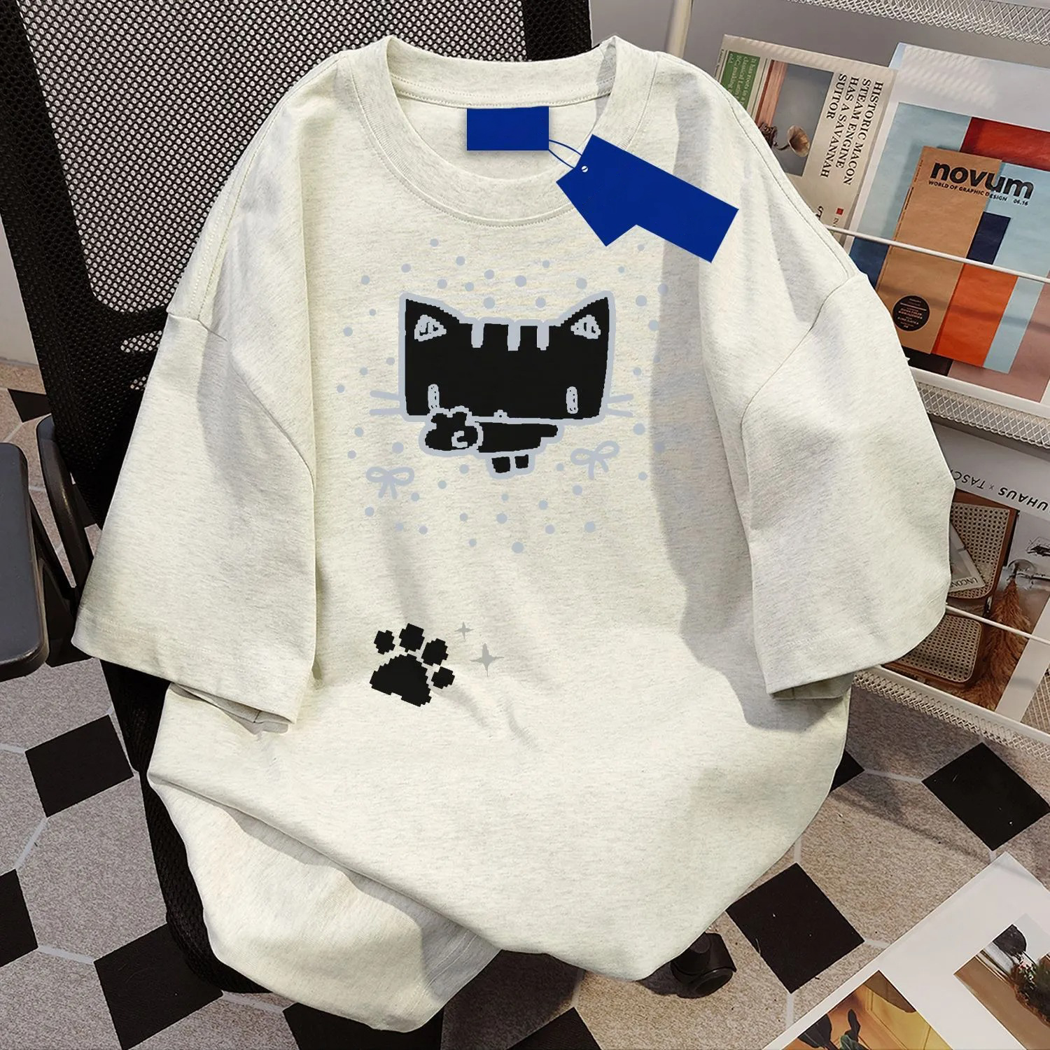 貓咪印花休閒百搭圓領情侶款純棉短袖T恤-vivivale