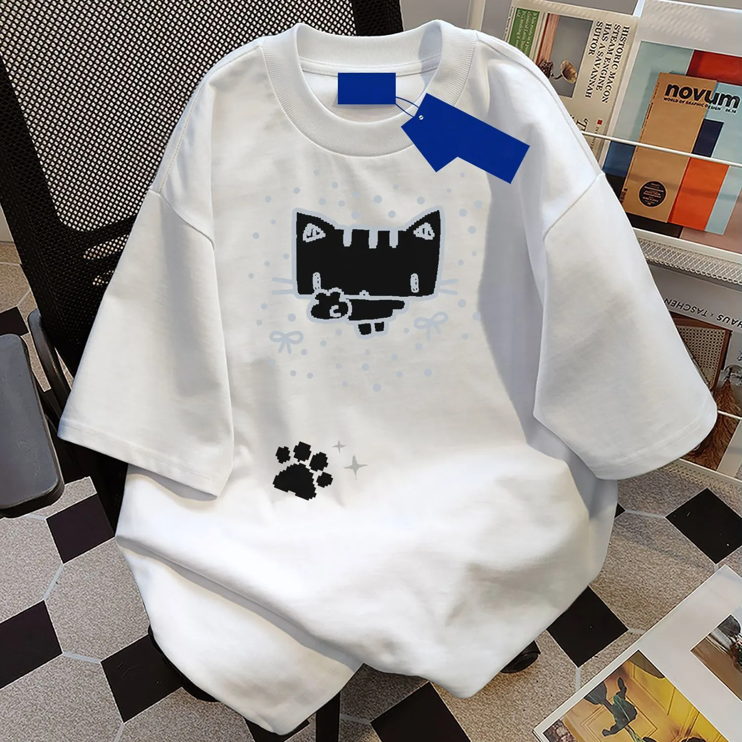 貓咪印花休閒百搭圓領情侶款純棉短袖T恤-vivivale