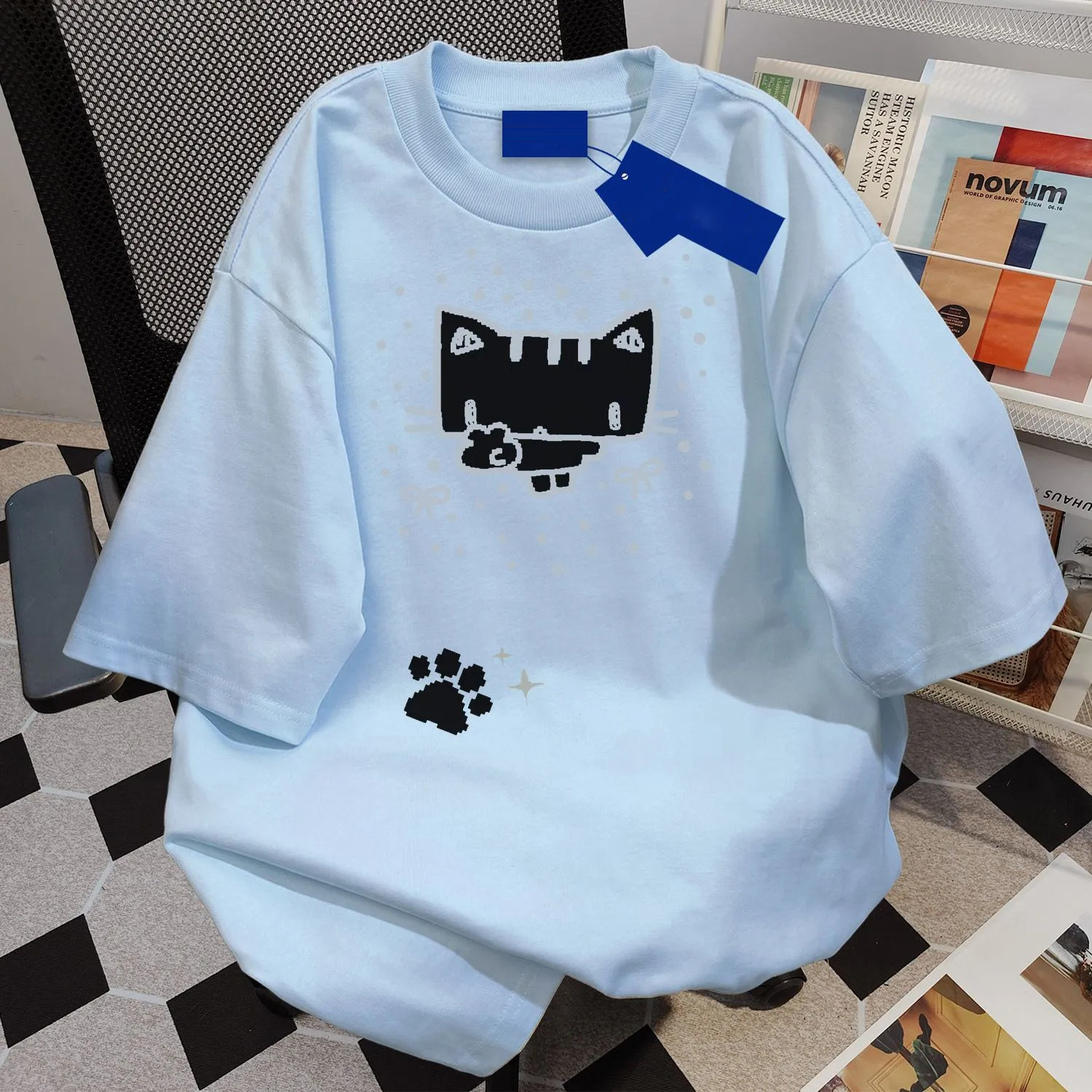 貓咪印花休閒百搭圓領情侶款純棉短袖T恤-vivivale