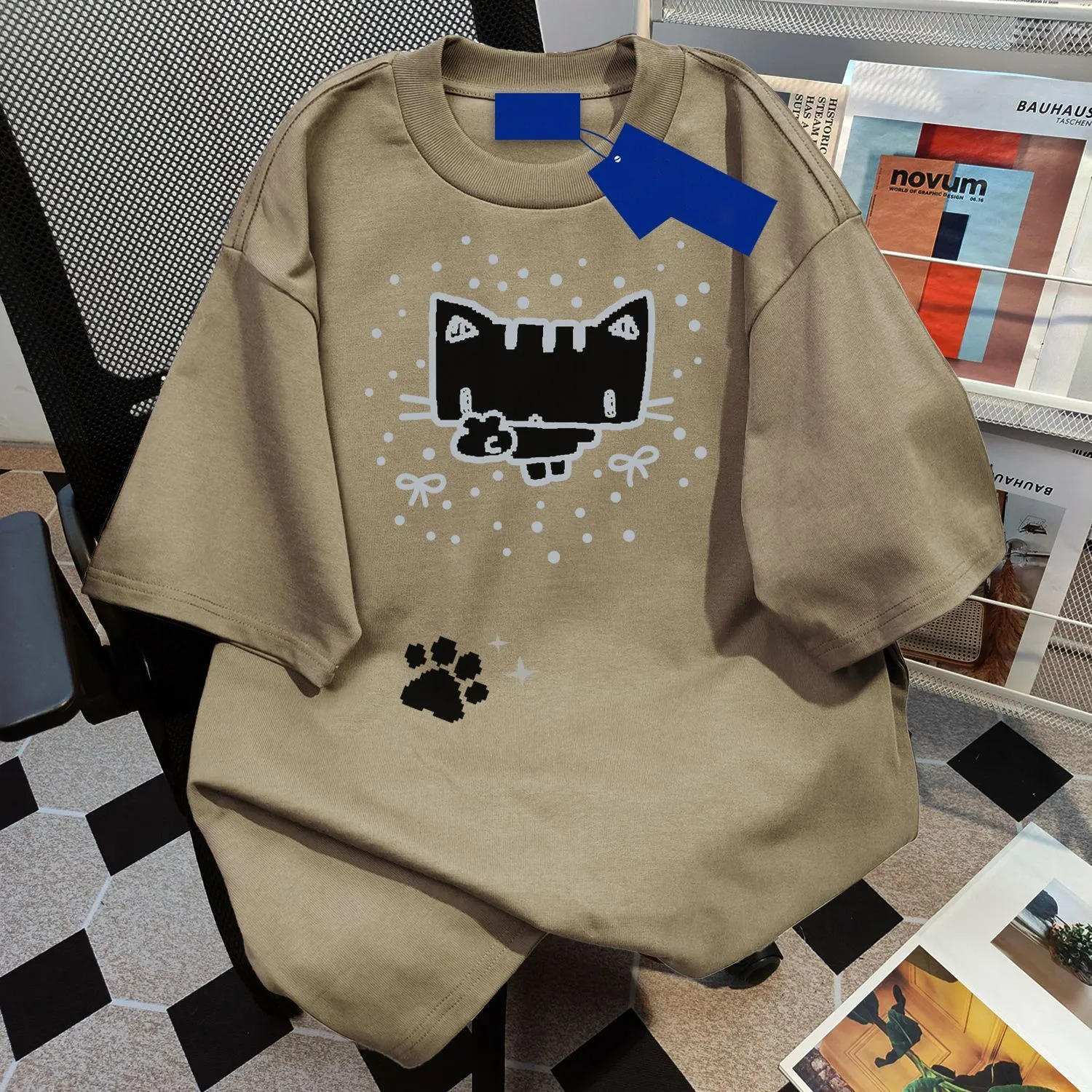 貓咪印花休閒百搭圓領情侶款純棉短袖T恤-vivivale